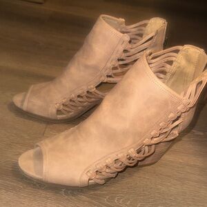 SO Blush Peep-Toe Woven Ankle Heels